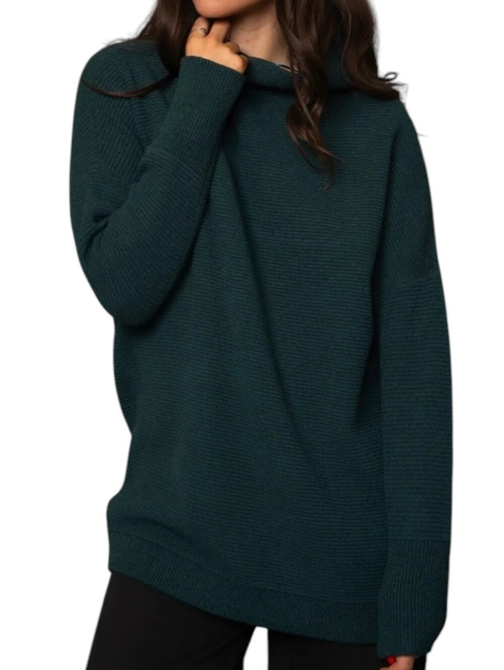 Free People Ottoman Ribbed Knit Tunic Sweater Green Mockneck Oversized XS